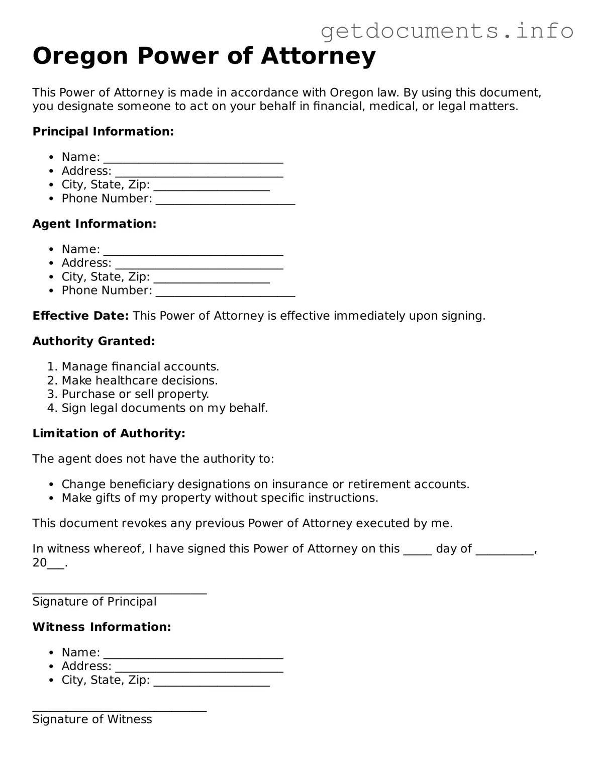 Free Power of Attorney Template for Oregon