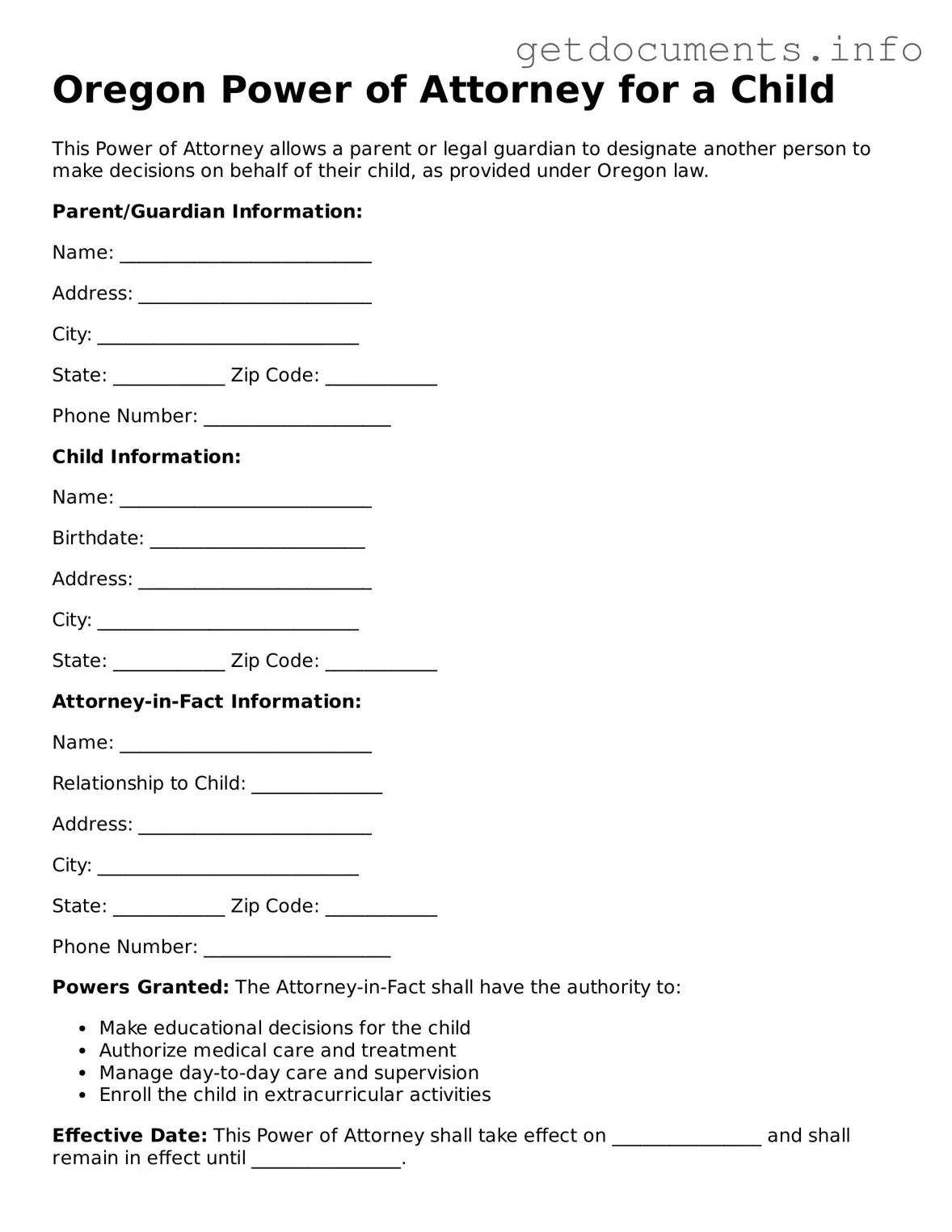 Free Power of Attorney for a Child Template for Oregon