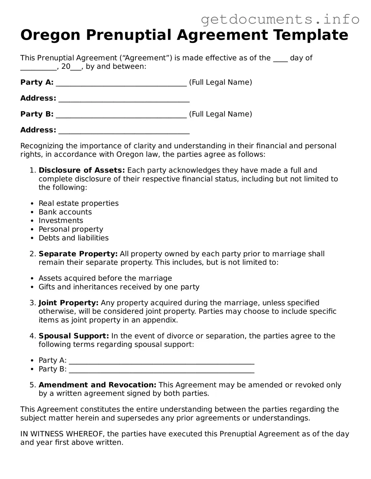 Free  Prenuptial Agreement Template for Oregon