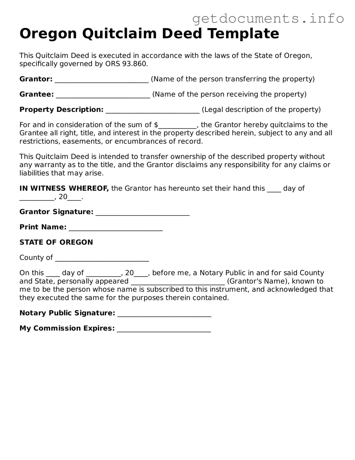 Free  Quitclaim Deed Template for Oregon