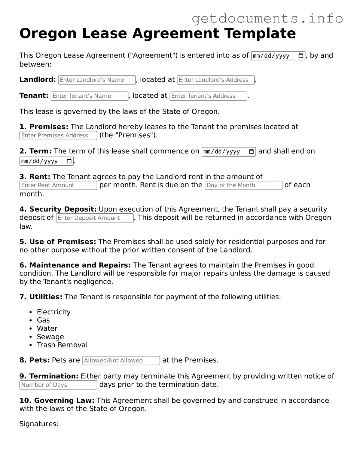 Free Lease Agreement Template for Oregon