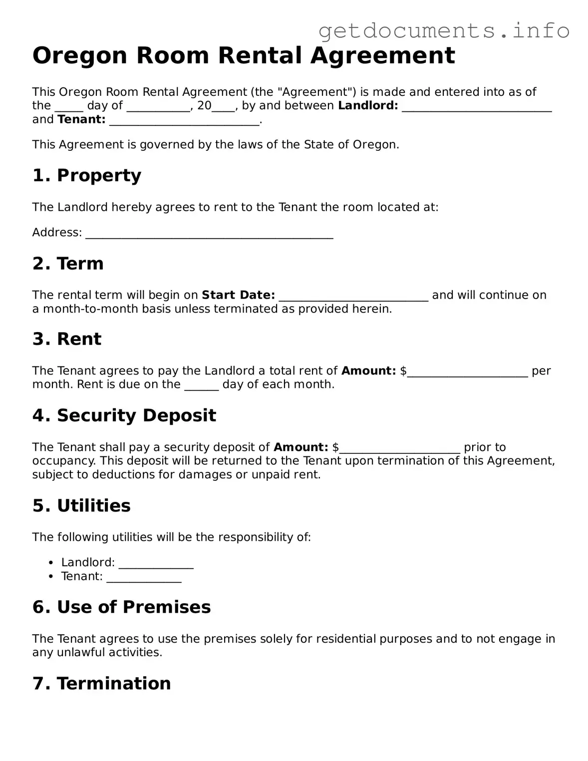 Free Room Rental Agreement Template for Oregon