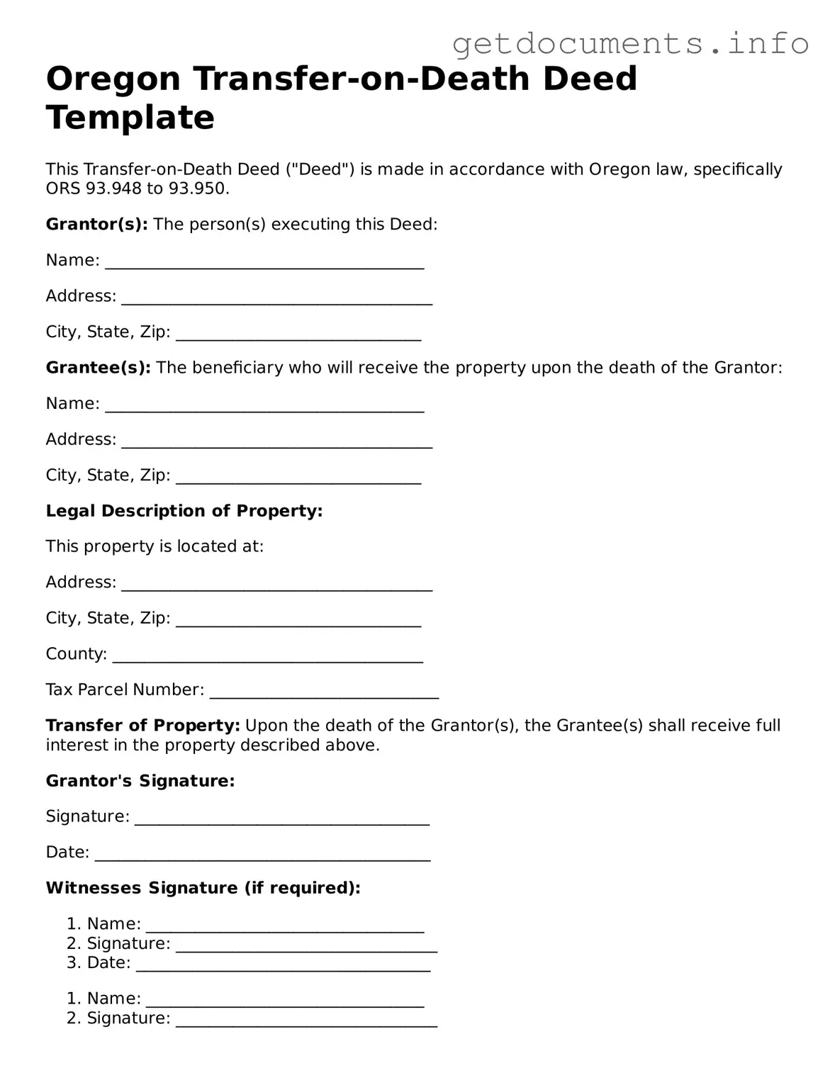 Free Transfer-on-Death Deed Template for Oregon