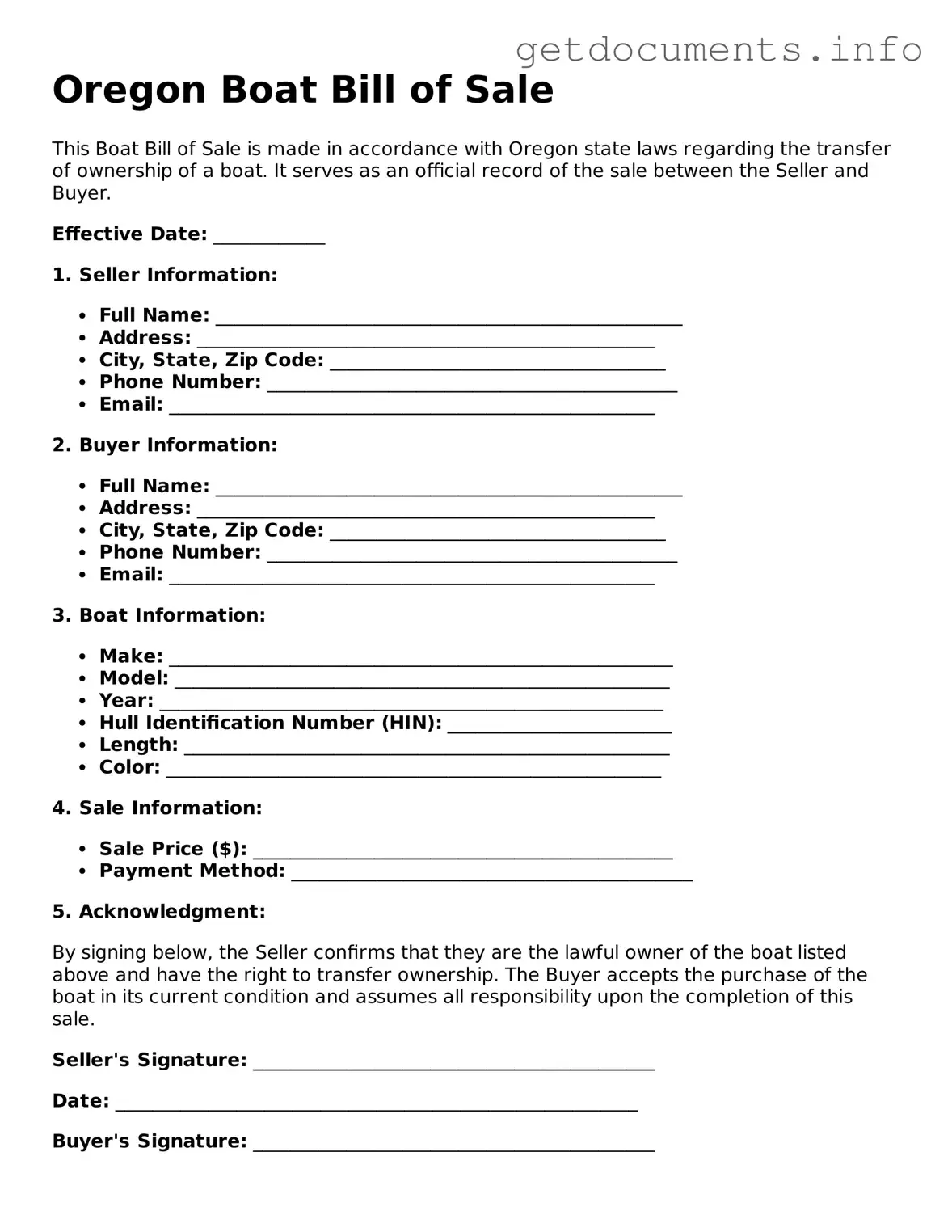 Free Boat Bill of Sale Template for Oregon