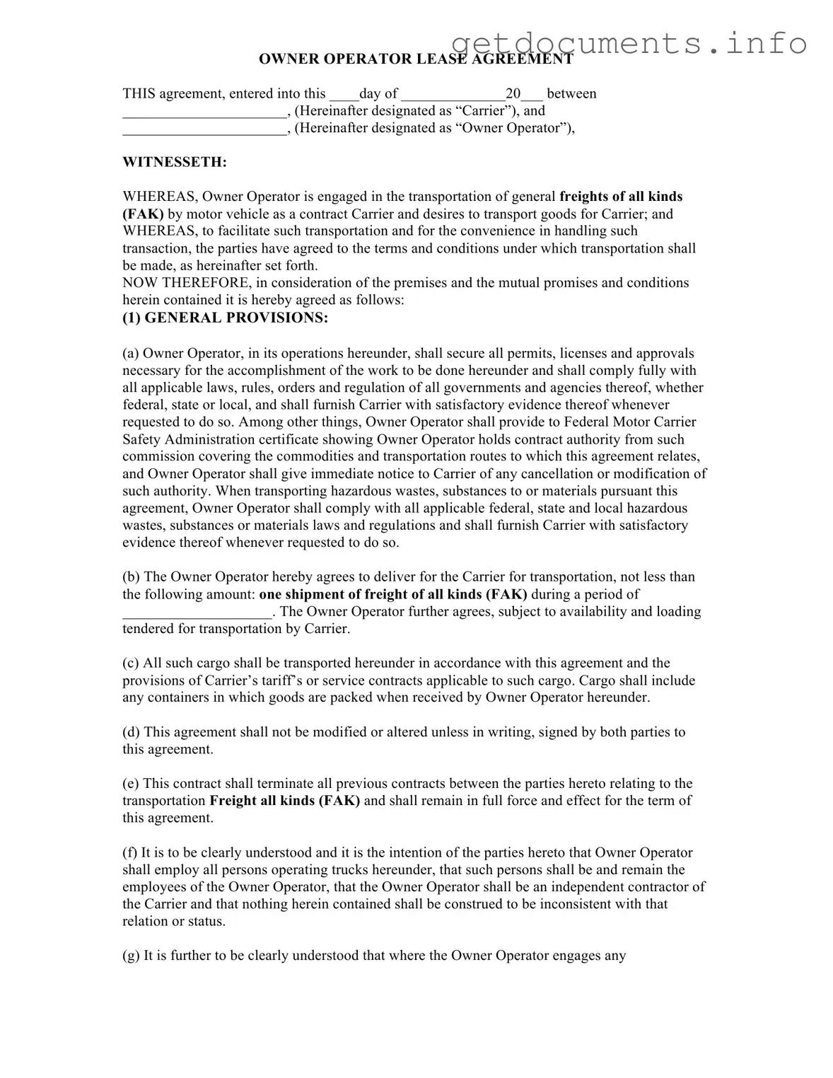 Official Owner Operator Lease Agreement Form