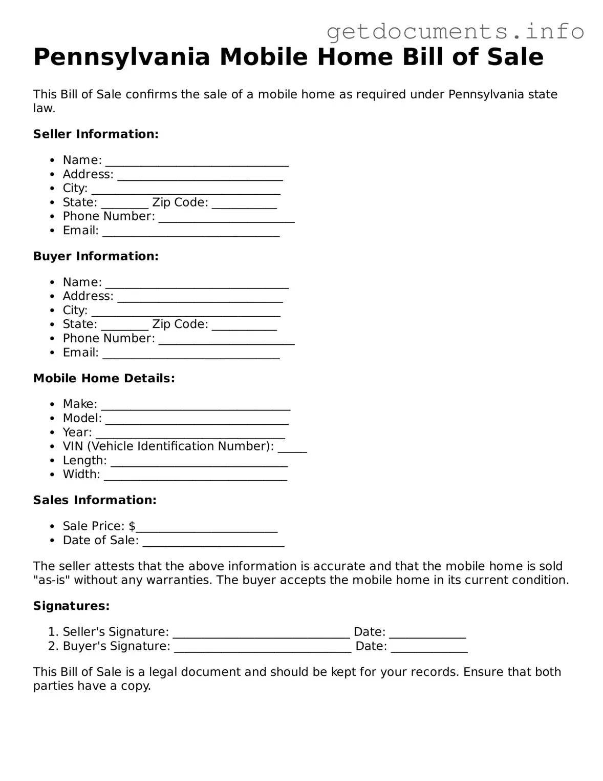Free  Mobile Home Bill of Sale Template for Pennsylvania