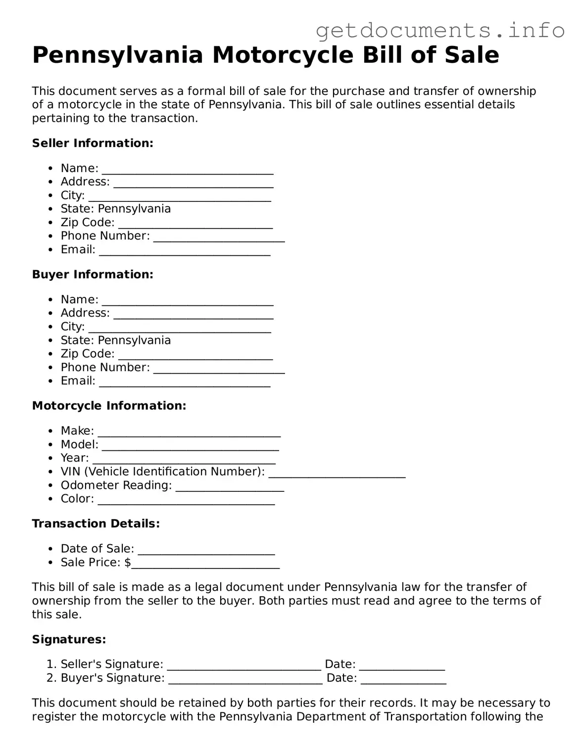 Free Motorcycle Bill of Sale Template for Pennsylvania