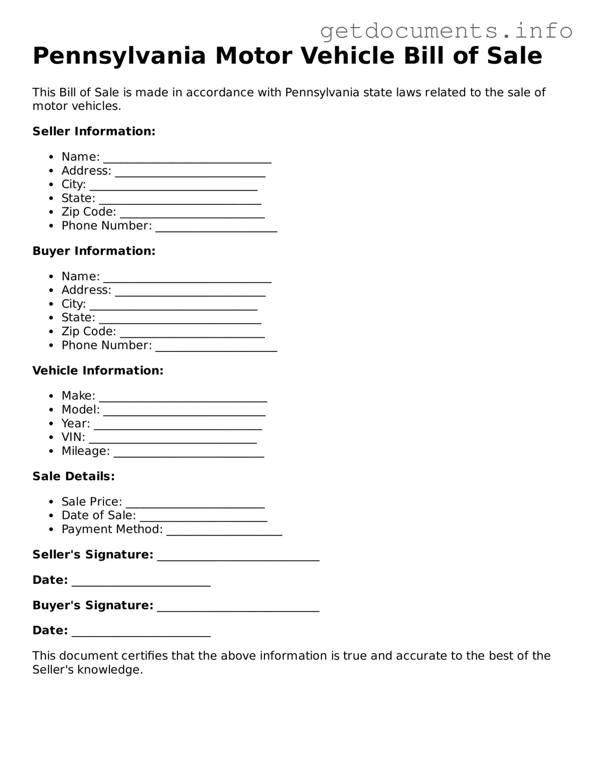 Free Motor Vehicle Bill of Sale Template for Pennsylvania
