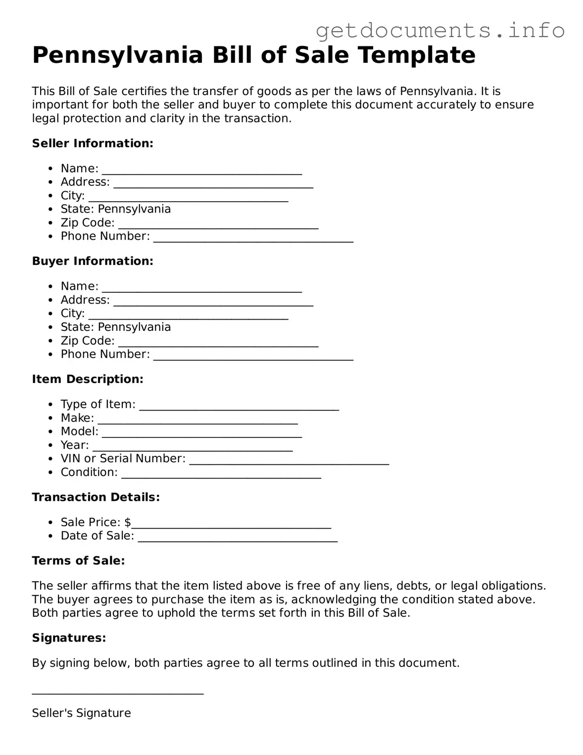 Free Bill of Sale Template for Pennsylvania