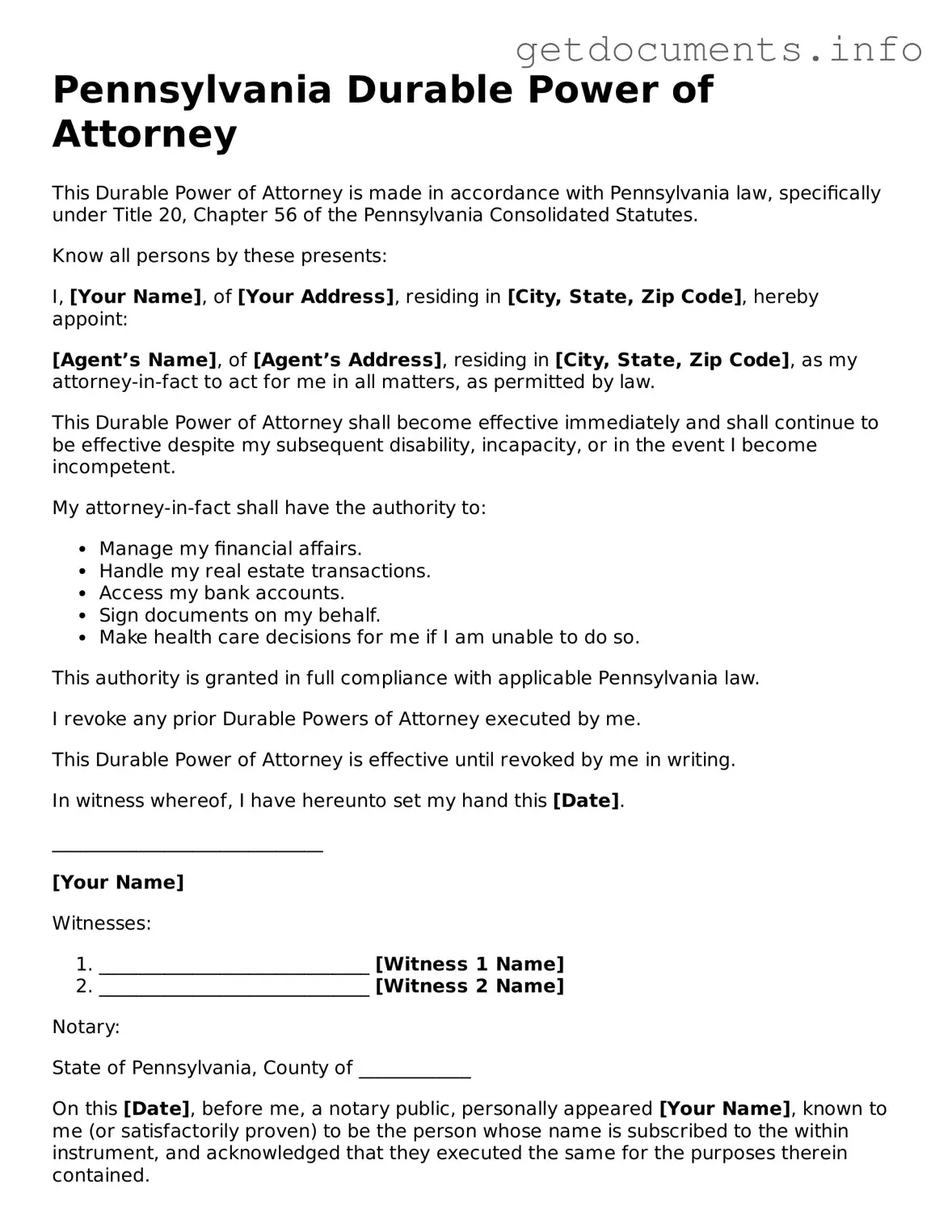 Free Durable Power of Attorney Template for Pennsylvania