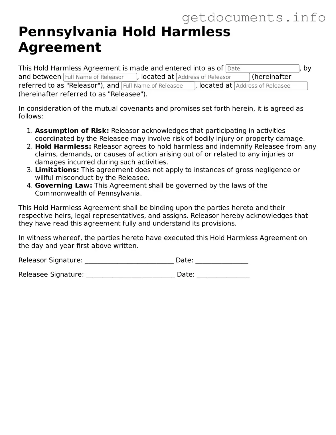 Free Hold Harmless Agreement Template for Pennsylvania