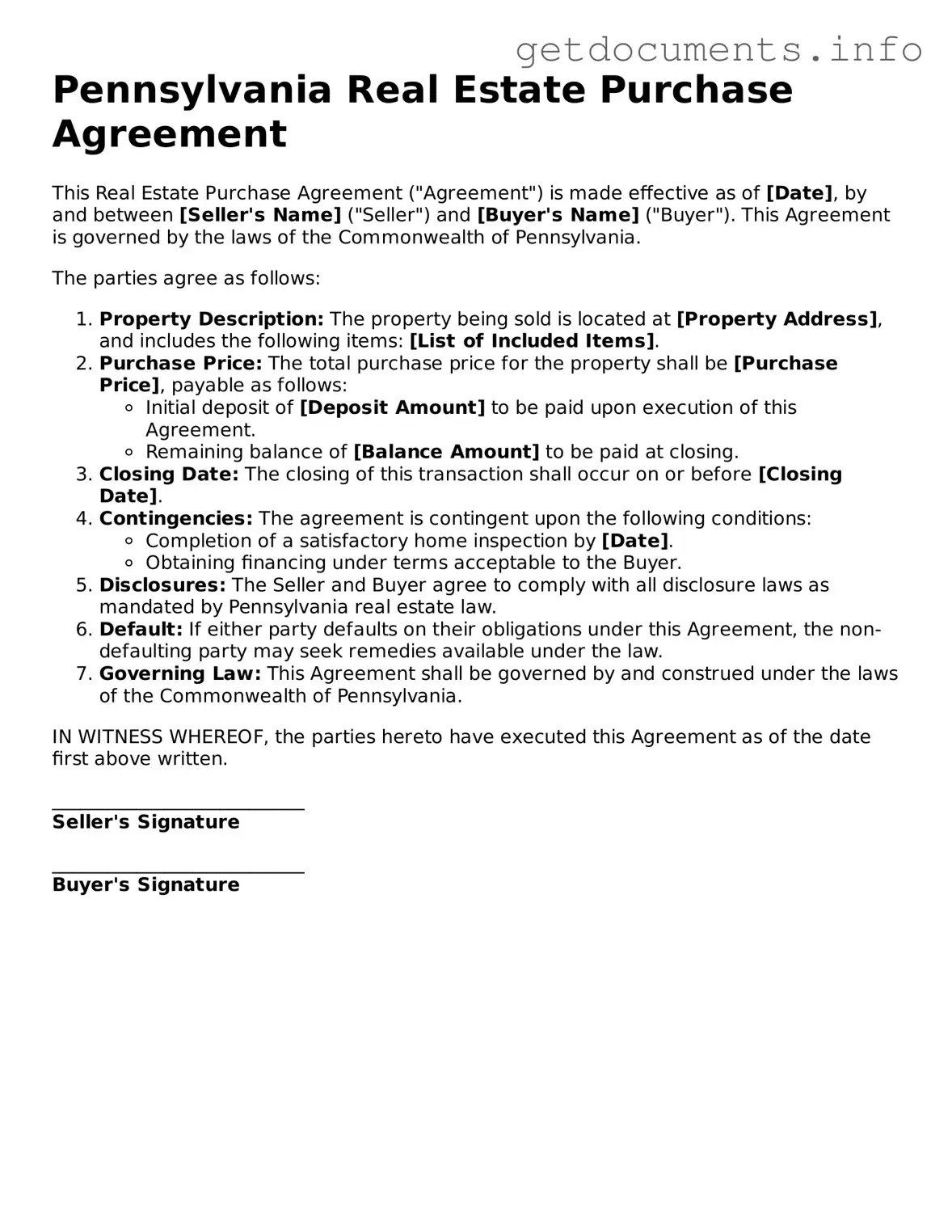 Free Real Estate Purchase Agreement Template for Pennsylvania