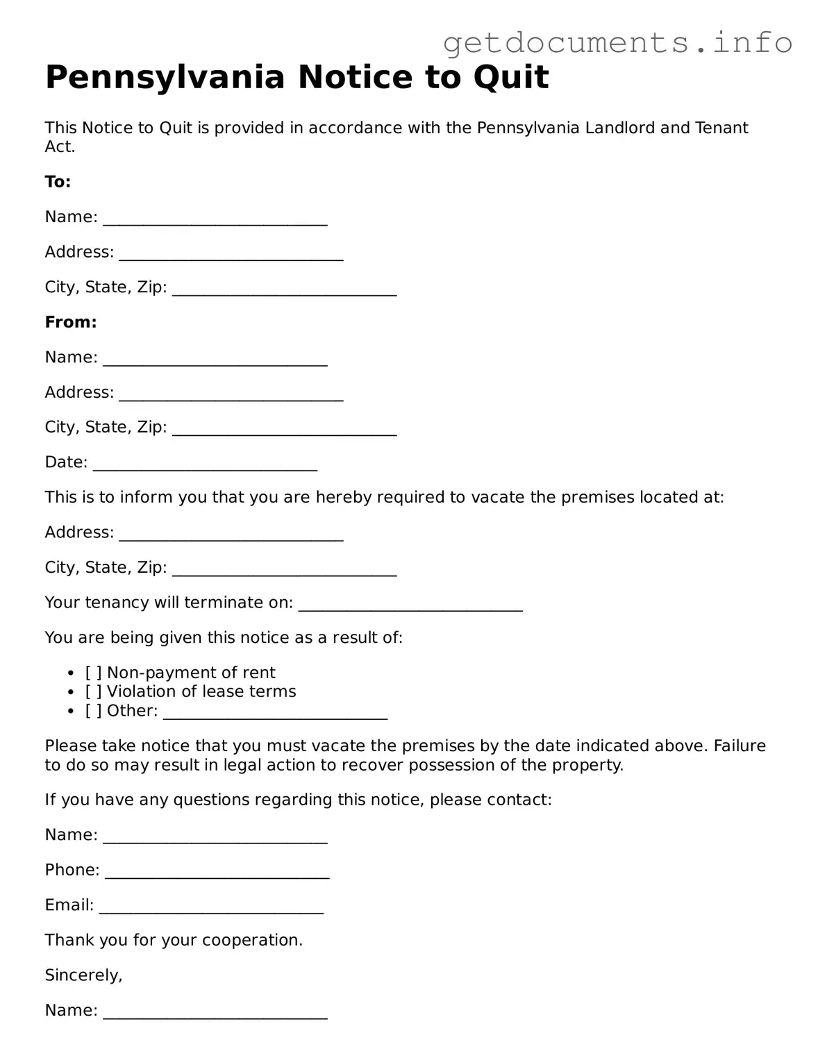 Free Notice to Quit Template for Pennsylvania