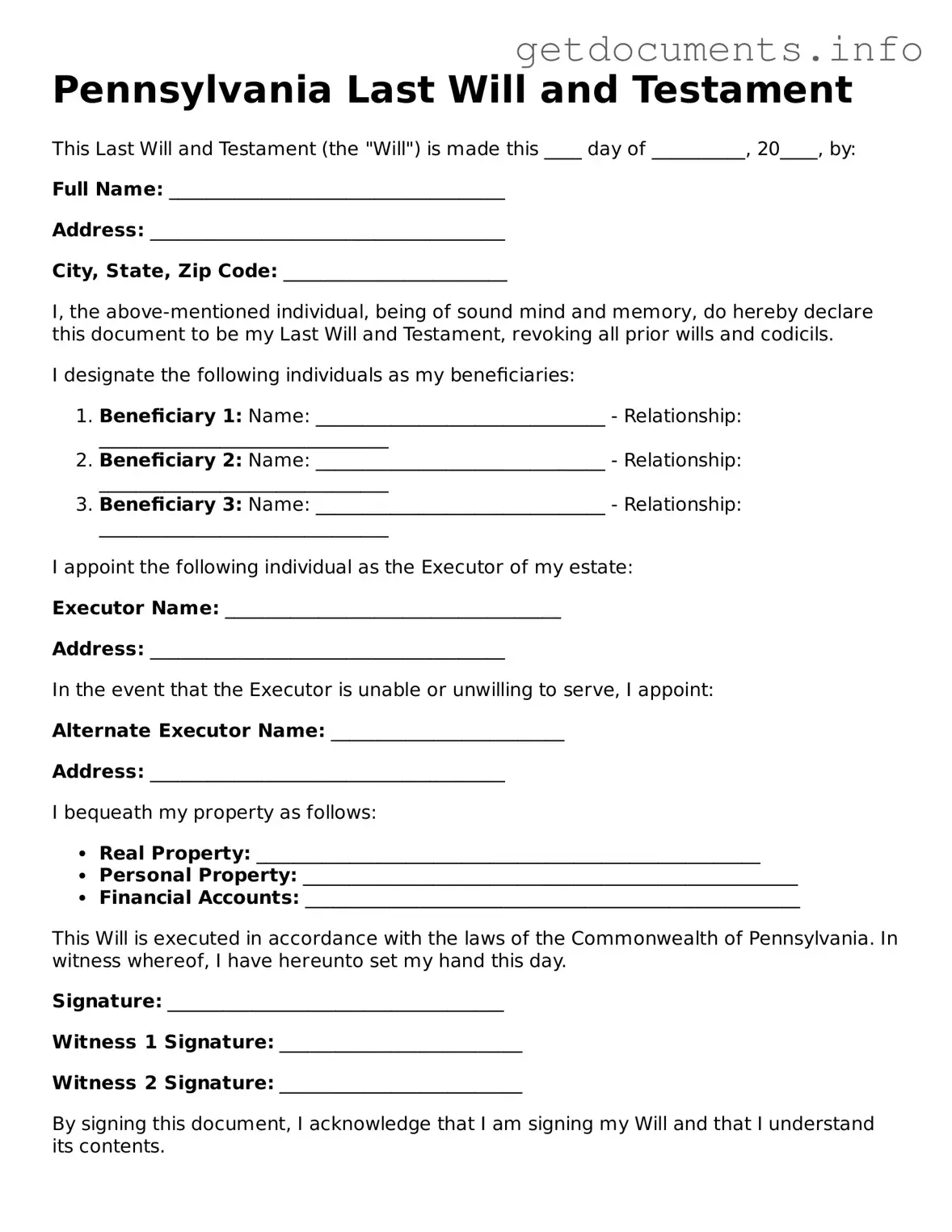 Free  Last Will and Testament Template for Pennsylvania