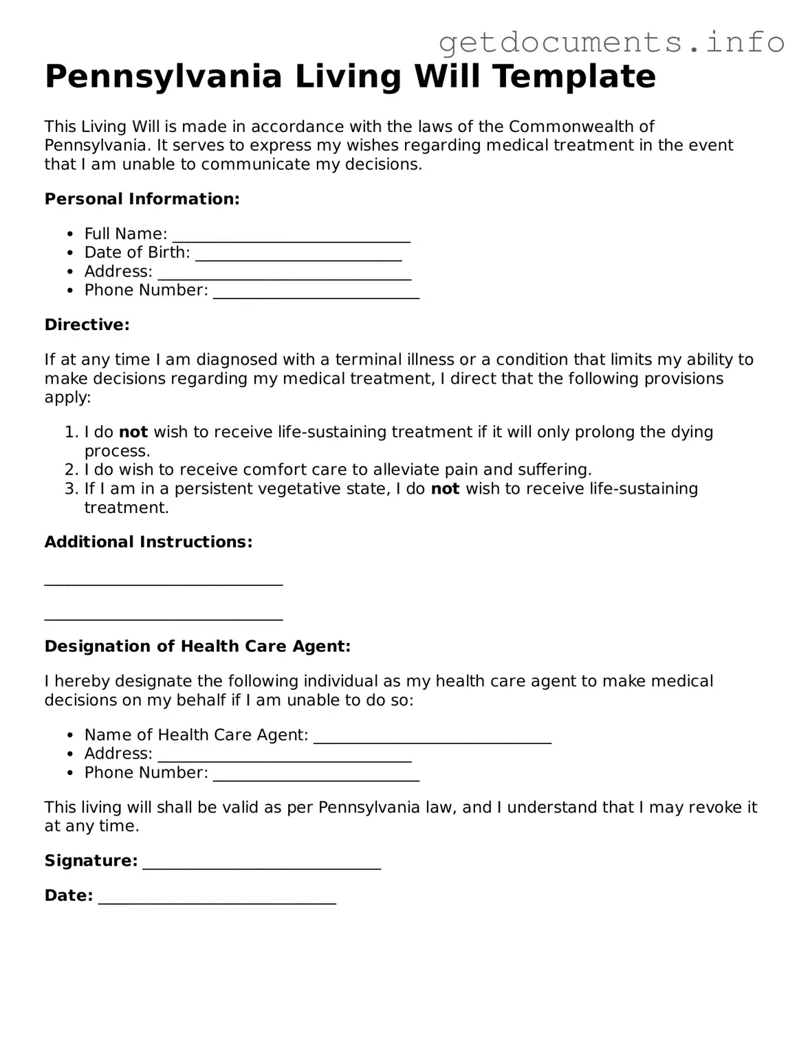 Free Living Will Template for Pennsylvania