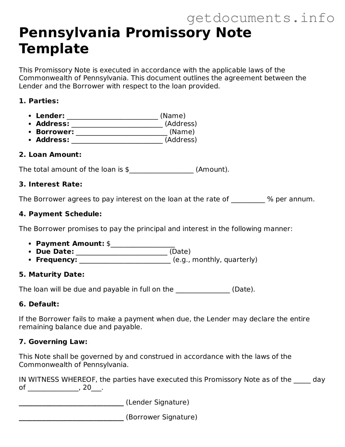 Free Promissory Note Template for Pennsylvania