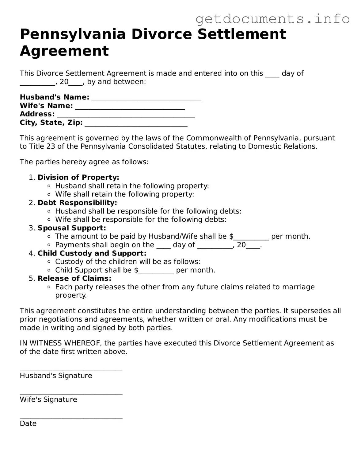 Free Divorce Settlement Agreement Template for Pennsylvania