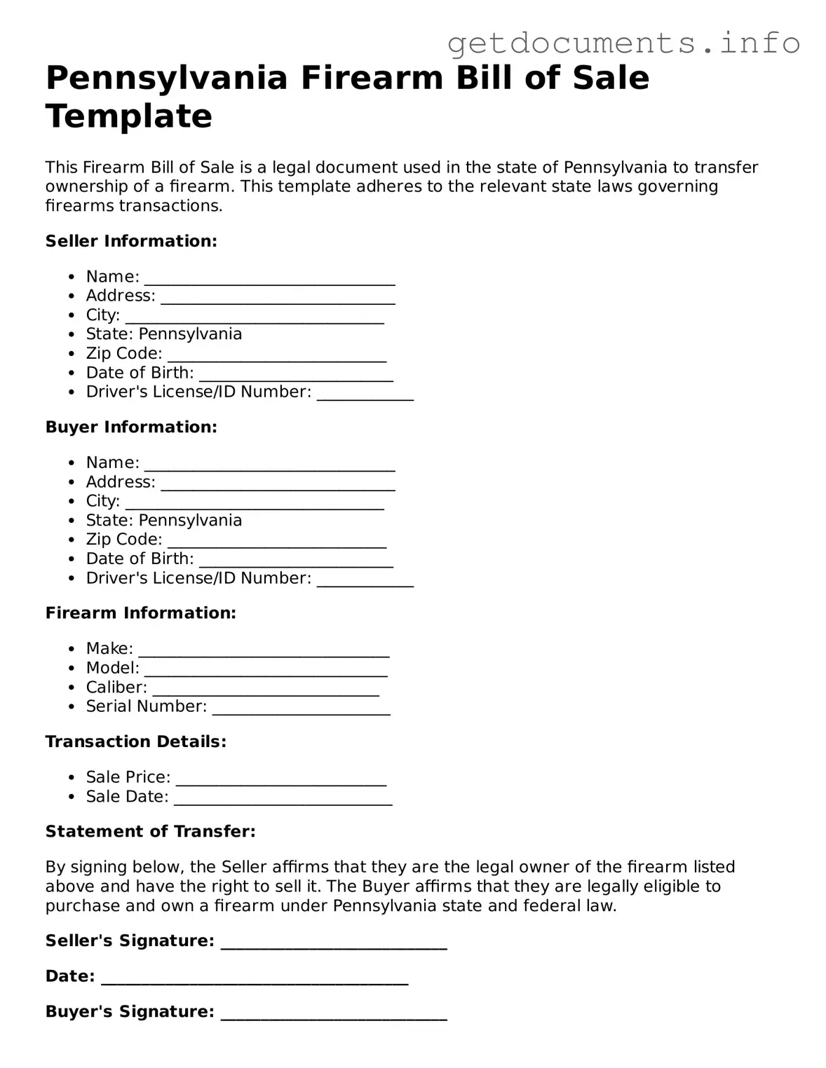 Free  Firearm Bill of Sale Template for Pennsylvania