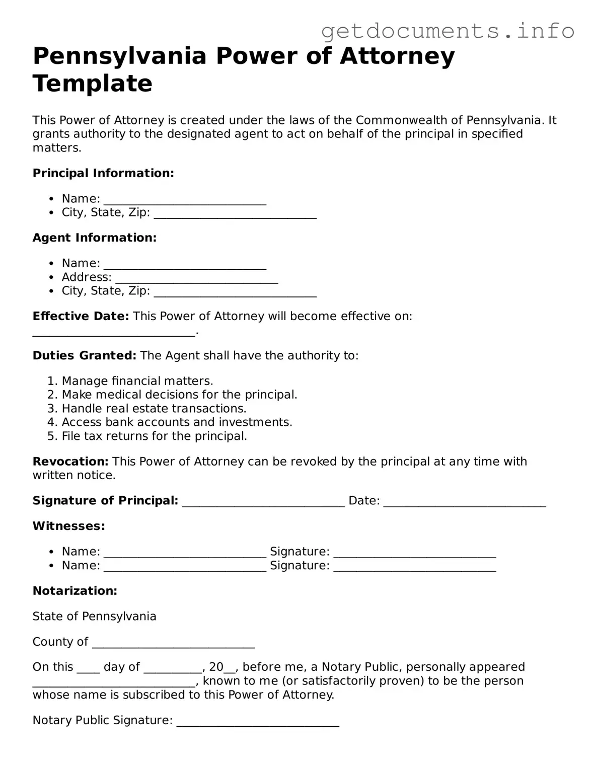 Free Power of Attorney Template for Pennsylvania