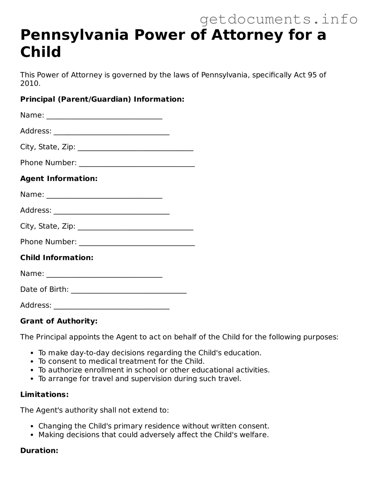 Free Power of Attorney for a Child Template for Pennsylvania