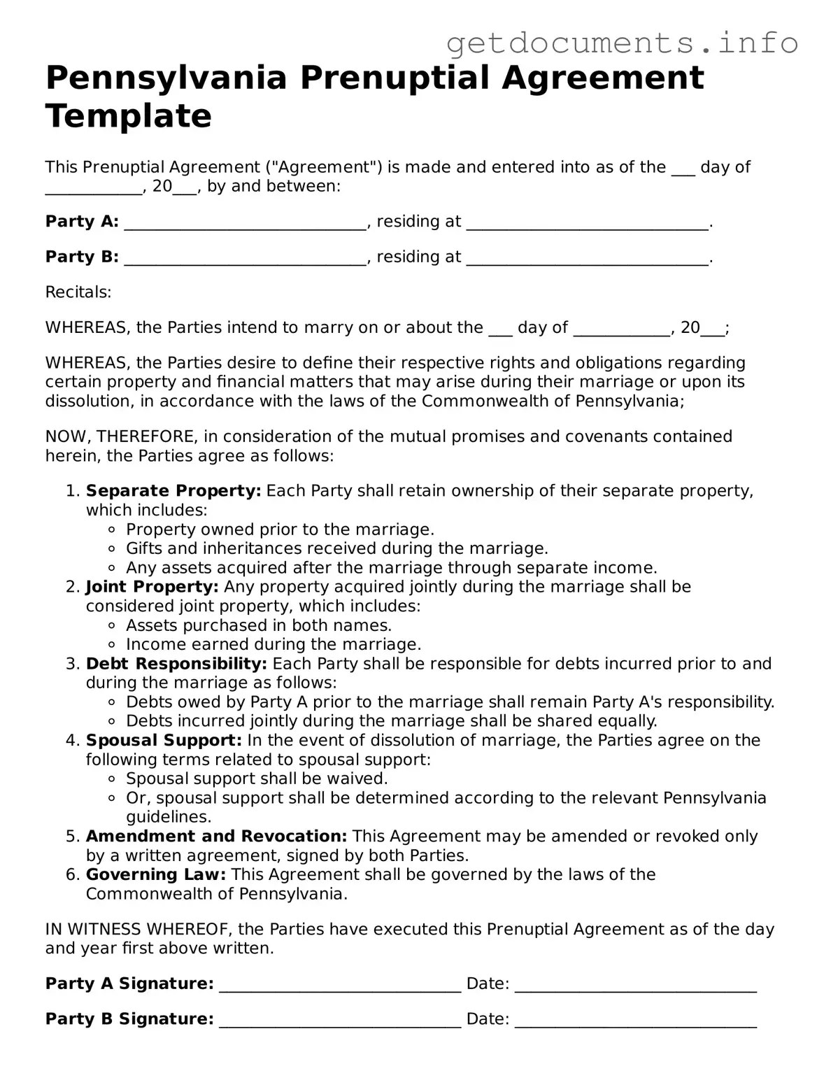 Free Prenuptial Agreement Template for Pennsylvania