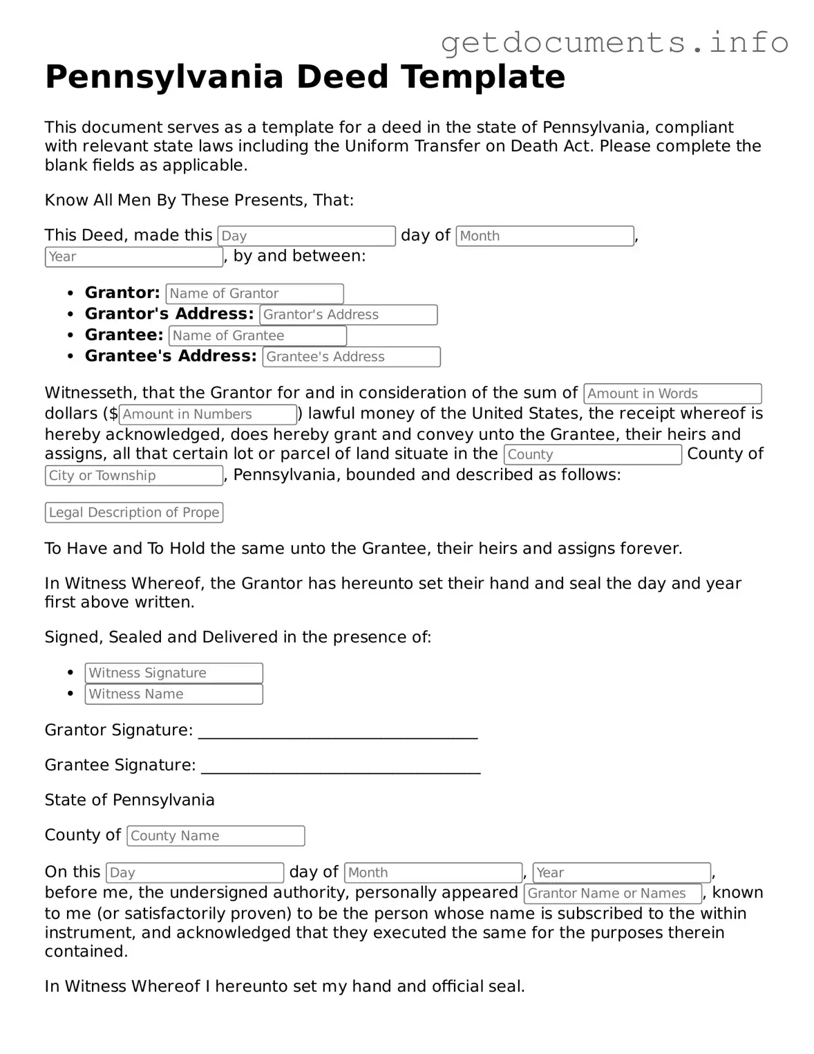 Free Deed Template for Pennsylvania