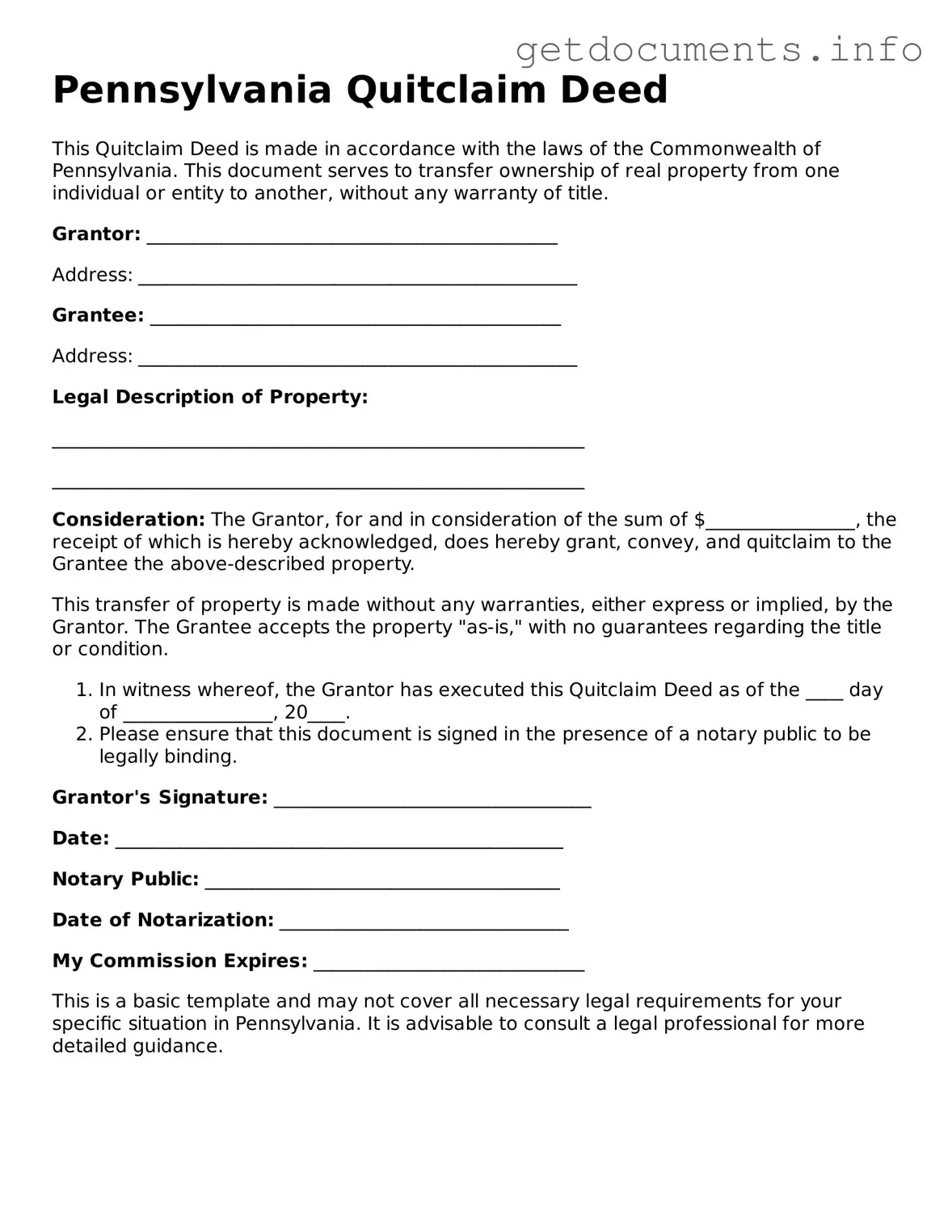 Free  Quitclaim Deed Template for Pennsylvania