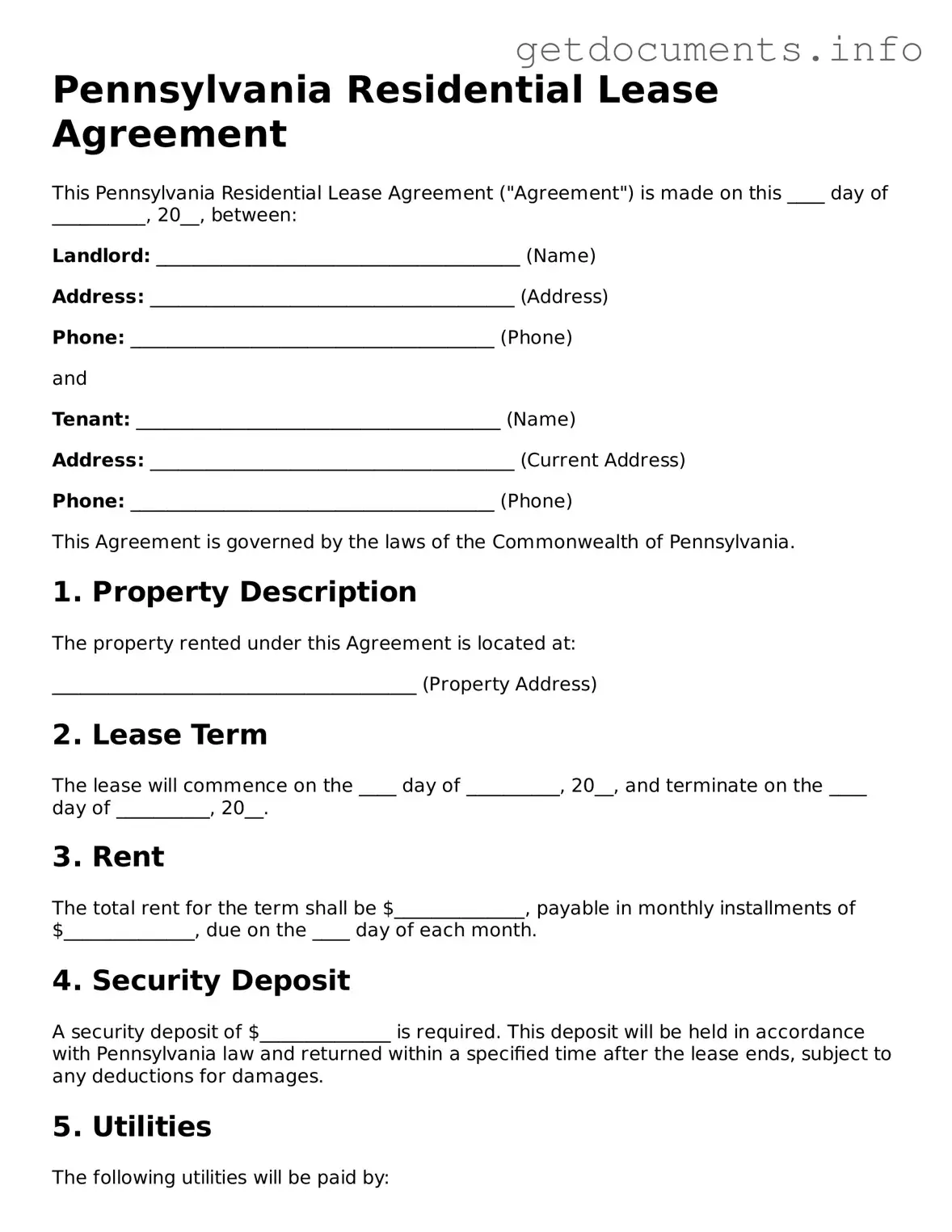 Free Lease Agreement Template for Pennsylvania