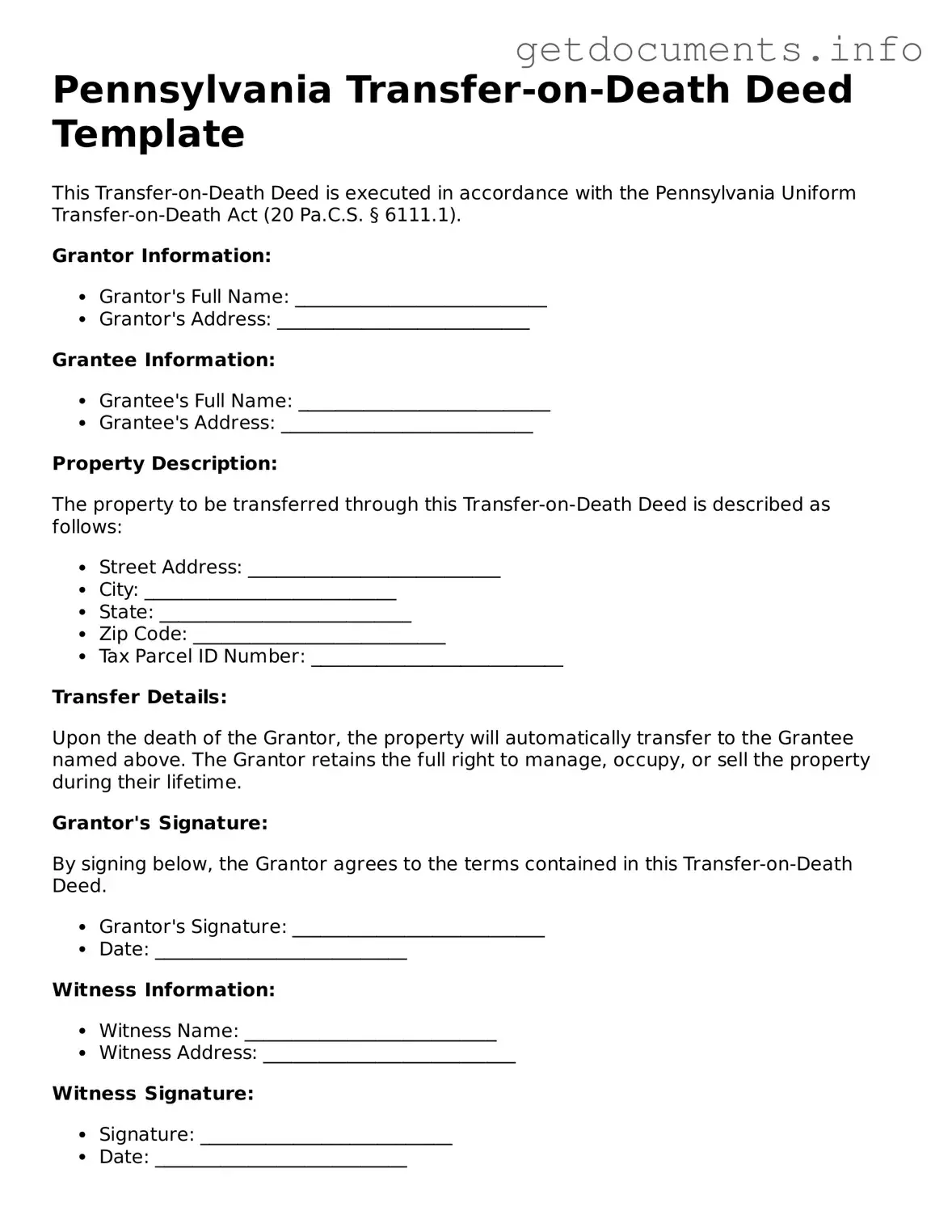 Free Transfer-on-Death Deed Template for Pennsylvania