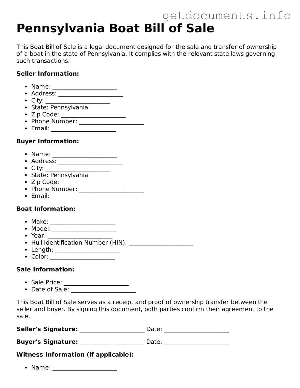 Free Boat Bill of Sale Template for Pennsylvania