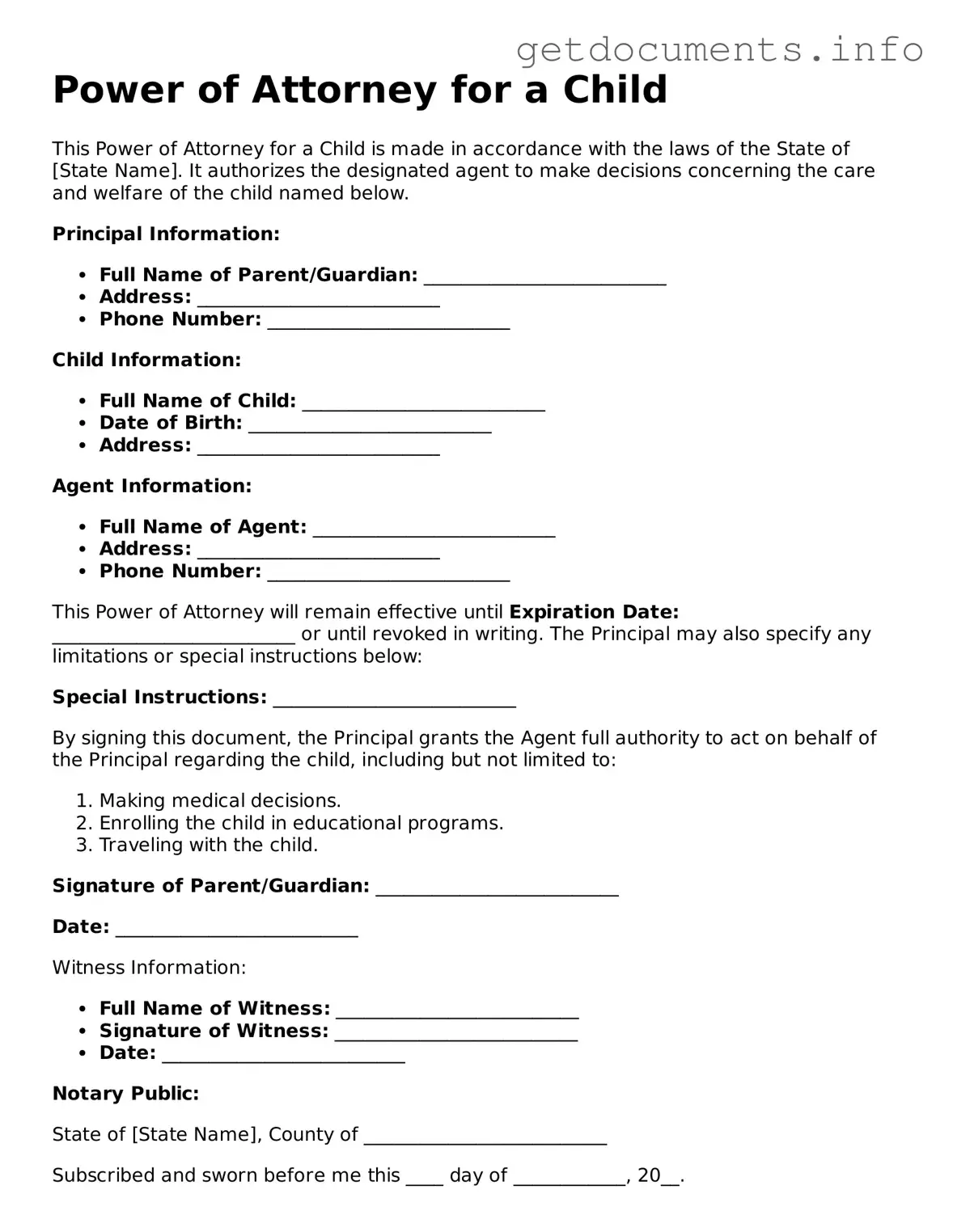 Printable Power of Attorney for a Child Document