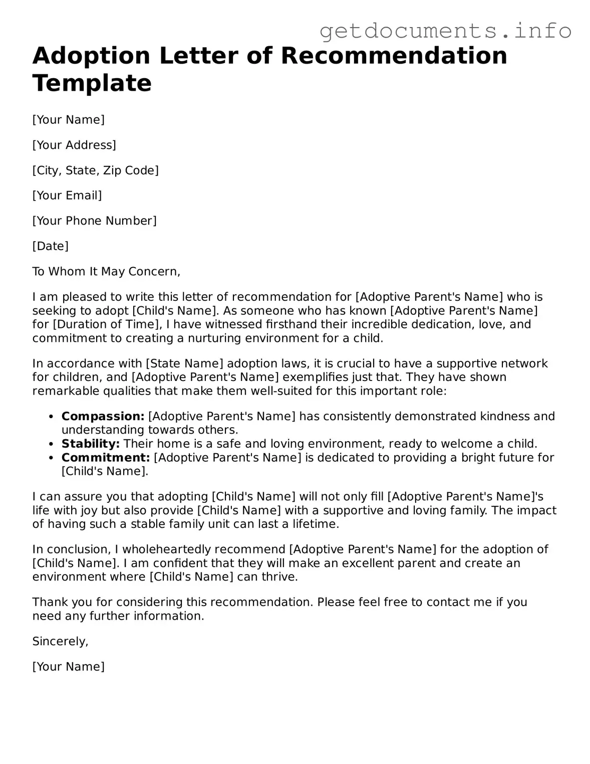 Printable Adoption Letter of Recommendation Document