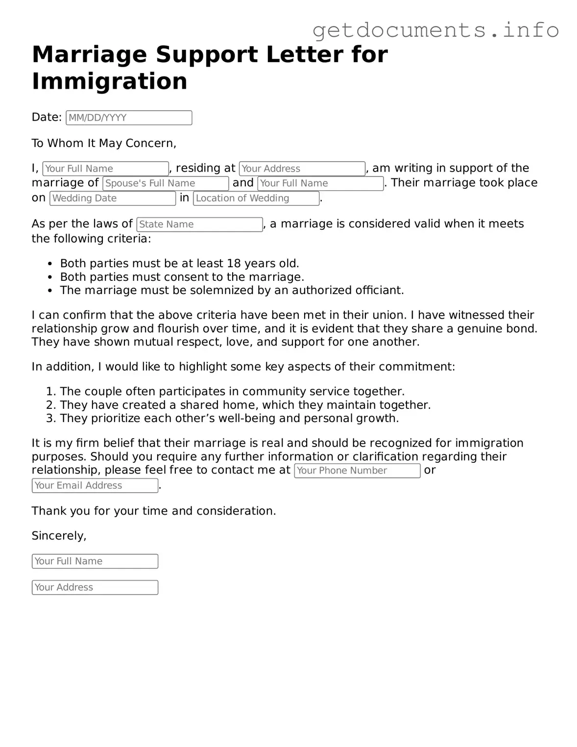 Printable Marriage Support Letter for Immigration Document