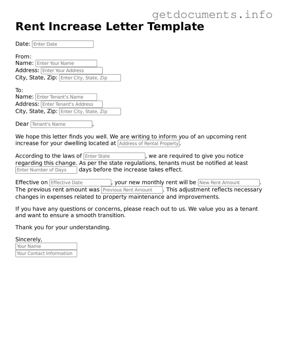Printable Rent Increase Letter Document