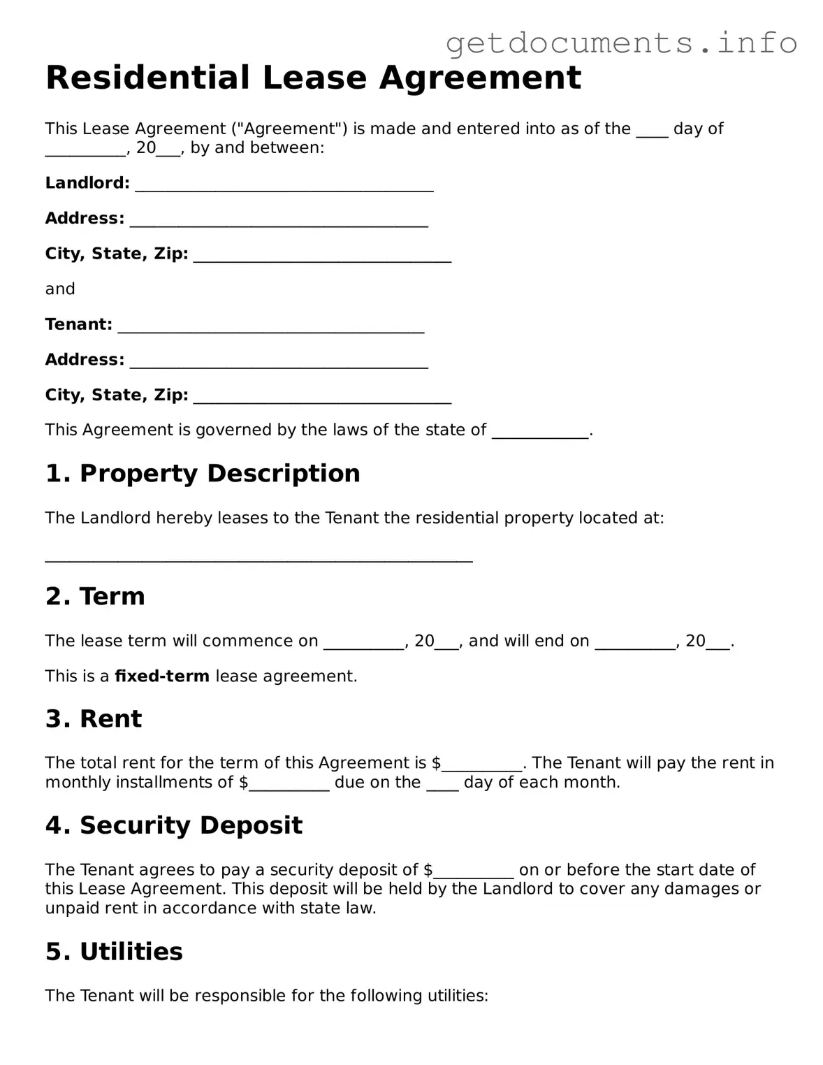 Printable Lease Agreement Document