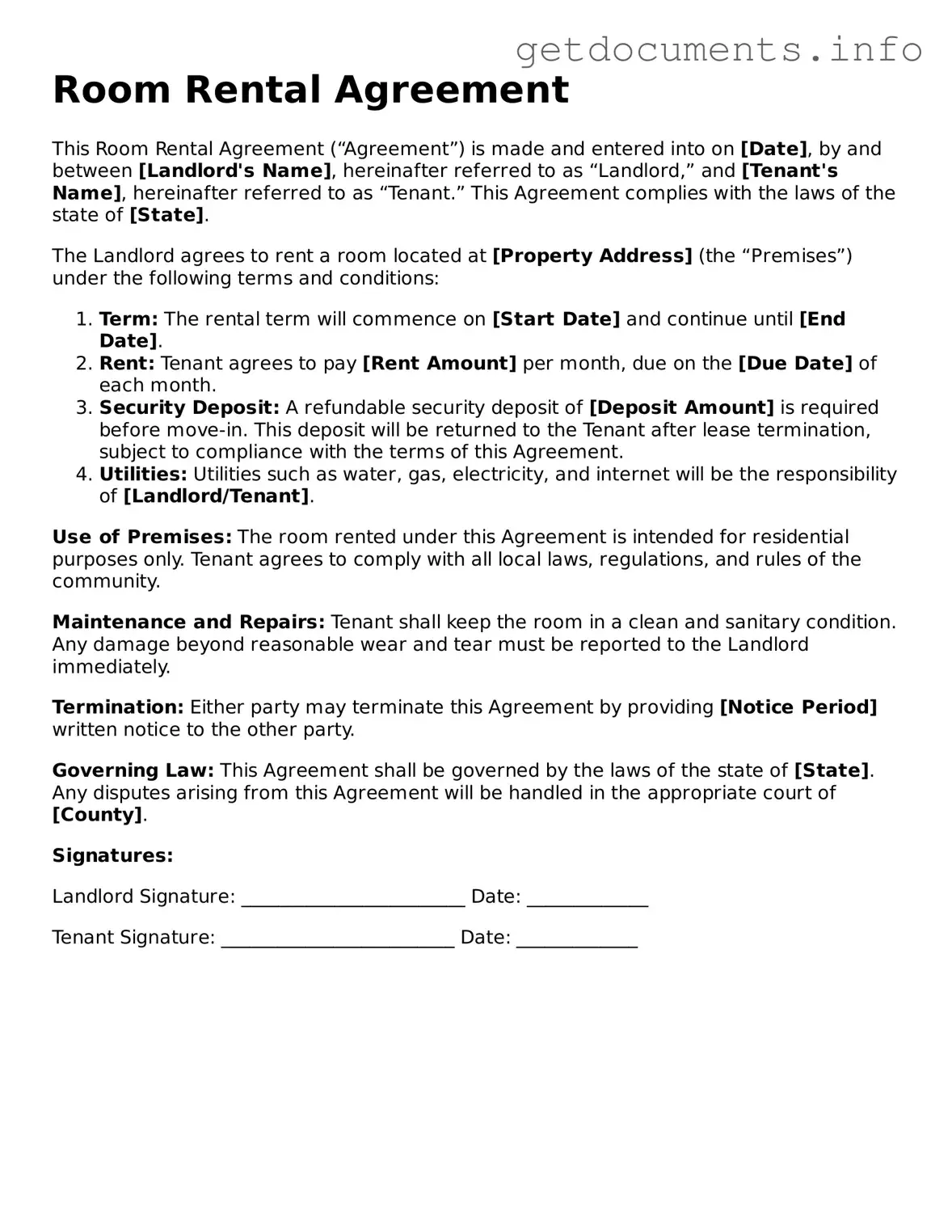 Printable Room Rental Agreement Document