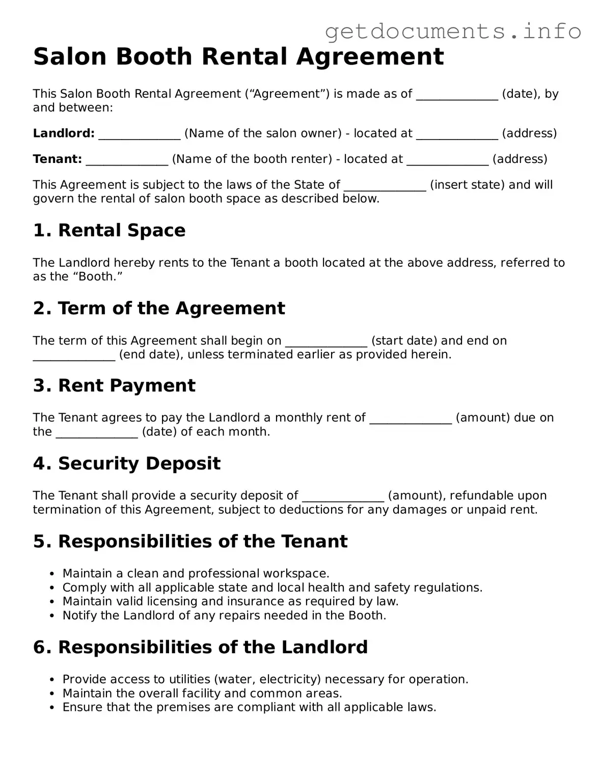 Printable Salon Booth Rental Agreement Document