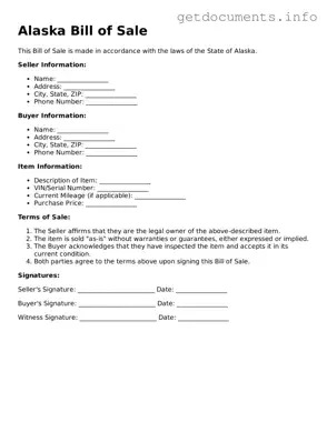Free  Bill of Sale Template for Alaska