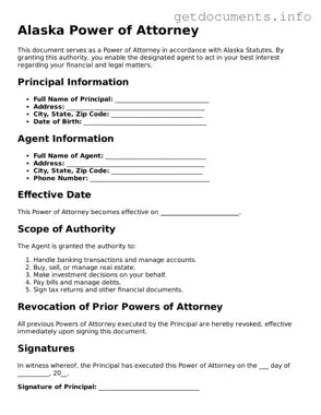 Free  Power of Attorney Template for Alaska