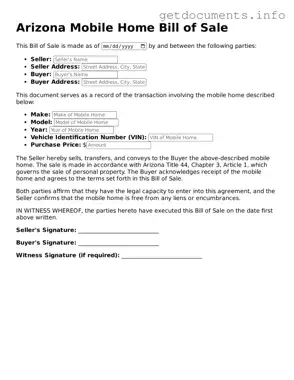 Free  Mobile Home Bill of Sale Template for Arizona