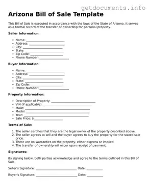 Free  Bill of Sale Template for Arizona
