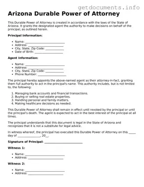 Free  Durable Power of Attorney Template for Arizona