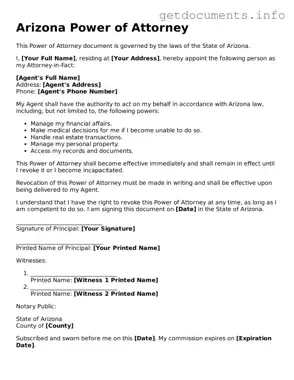 Free  Power of Attorney Template for Arizona