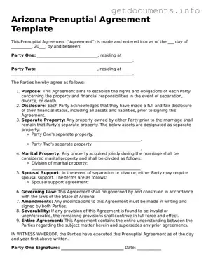 Free  Prenuptial Agreement Template for Arizona