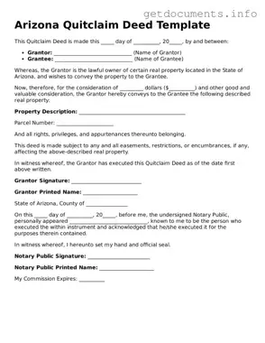 Free  Quitclaim Deed Template for Arizona