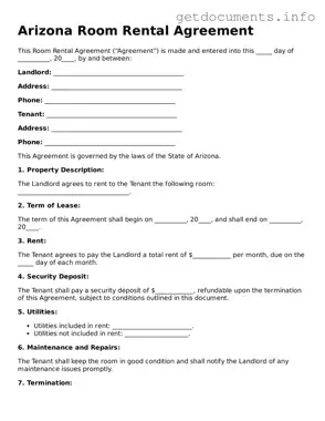 Free  Room Rental Agreement Template for Arizona