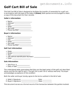 Printable Golf Cart Bill of Sale Document