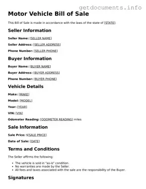 Printable Motor Vehicle Bill of Sale Document