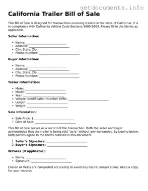 Free  Trailer Bill of Sale Template for California