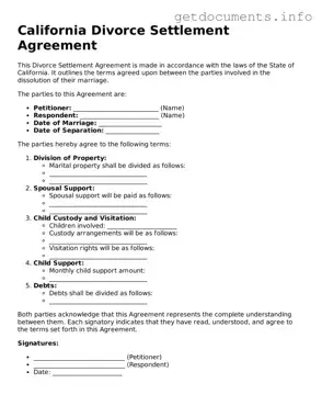 Free  Divorce Settlement Agreement Template for California